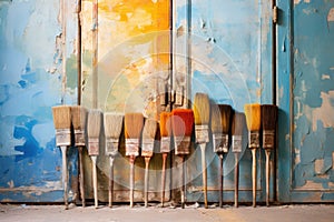 Row of artist paintbrushes closeup on artistic canvas