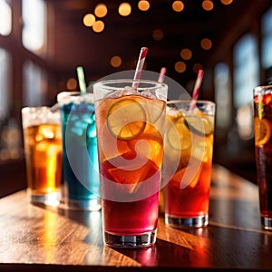 Row of assorted colorful cold drinks, summer party refreshment at bar