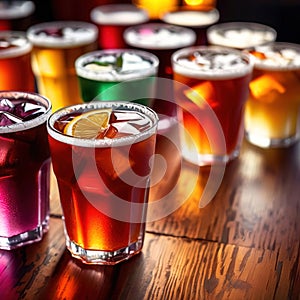 Row of assorted colorful cold drinks, summer party refreshment at bar