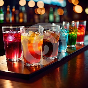 Row of assorted colorful cold drinks, summer party refreshment at bar