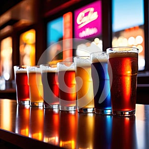 Row of assorted colorful cold drinks, summer party refreshment at bar