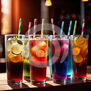 Row of assorted colorful cold drinks, summer party refreshment at bar