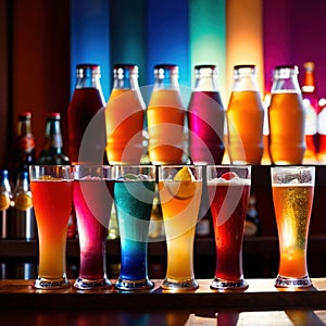 Row of assorted colorful cold drinks, summer party refreshment at bar