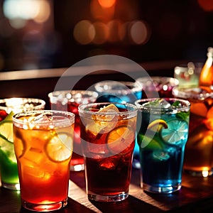 Row of assorted colorful cold drinks, summer party refreshment at bar