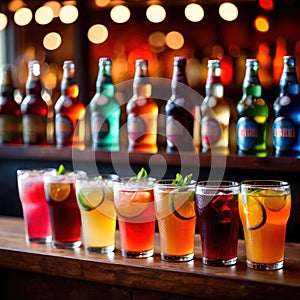 Row of assorted colorful cold drinks, summer party refreshment at bar