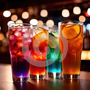 Row of assorted colorful cold drinks, summer party refreshment at bar