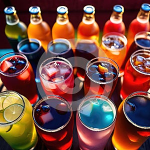 Row of assorted colorful cold drinks, summer party refreshment at bar