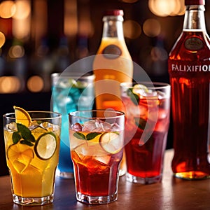 Row of assorted colorful cold drinks, summer party refreshment at bar