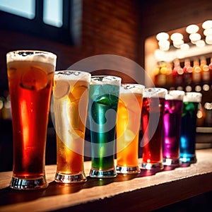 Row of assorted colorful cold drinks, summer party refreshment at bar