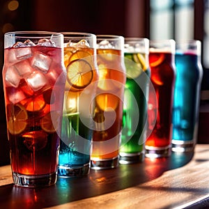 Row of assorted colorful cold drinks, summer party refreshment at bar