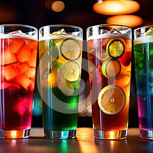 Row of assorted colorful cold drinks, summer party refreshment at bar