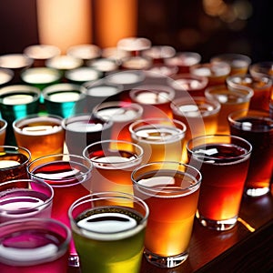 Row of assorted colorful cold drinks, summer party refreshment at bar