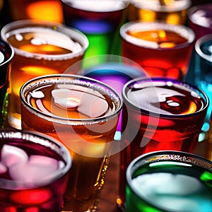 Row of assorted colorful cold drinks, summer party refreshment at bar