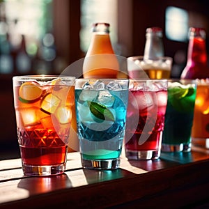 Row of assorted colorful cold drinks, summer party refreshment at bar