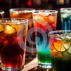 Row of assorted colorful cold drinks, summer party refreshment at bar