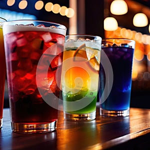 Row of assorted colorful cold drinks, summer party refreshment at bar