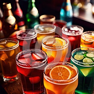 Row of assorted colorful cold drinks, summer party refreshment at bar