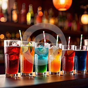 Row of assorted colorful cold drinks, summer party refreshment at bar