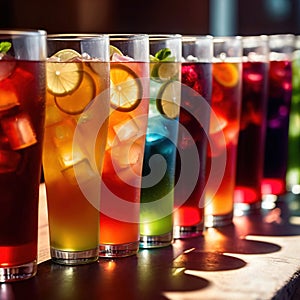 Row of assorted colorful cold drinks, summer party refreshment at bar