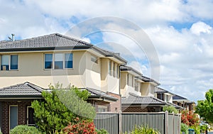 A row of Australian modern suburban townhouses in Melbourne`s residential neighbourhood.