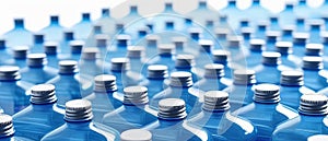 Row of azure plastic water bottles with white caps on white background