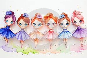 a row of ballerina dolls standing next to each other on a white background
