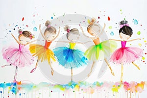 A row of ballerinas in colorful tutus dancing gracefully