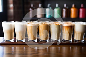 row of barista-prepared hot lattes next to a row of frosty sodas