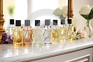 a row of bath oils and lotions arranged on a vanity