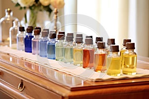 a row of bath oils and lotions arranged on a vanity