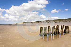 A row of beach bollards on the beach of Schoorl, North Holland, the Netherlands