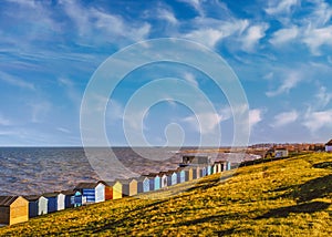 Row of beach huts along the coast in Tankerton, Whitstable, Kent. The green grass slopes are behind the huts and a man strolling photo