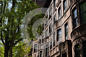 Row of Beautiful Old Brownstone Homes and Residential Buildings on the Upper West Side of New York City