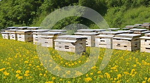 A row of beehives with bees busily collecting nectar from nearby flowers.