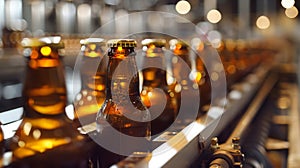 Row of Beer Bottles on Conveyor Belt