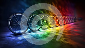 A row of bicycle wheels with different colored spokes in a rainbow pattern, AI