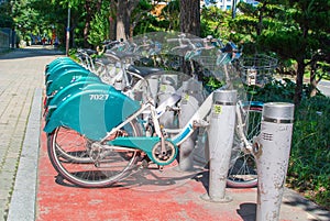 Row of bicycles for hire in a South Korean city