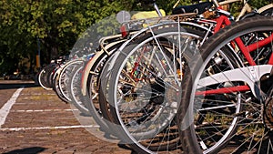 Row of Bicycles Parked Along a Sunlit Urban Bike Rack