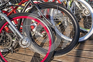 Row of bicycles for rent. Bicycle rental point on street. Healthy street transportation