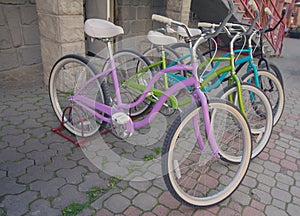 Row of bikes available to sell or rent
