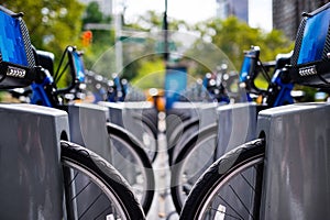 Row of bikes to rent in the city