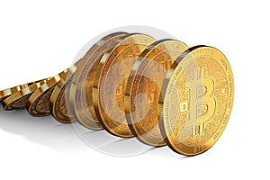 Row of bitcoins collapsing as domino effect. Uncertain bitcoin position on the market concept.