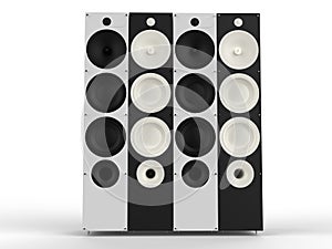 Row of black and white speakers - front view