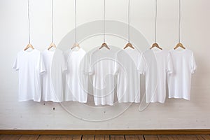 Row of blank white t-shirts on wooden hangers against wall photo