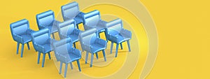 Row of blue chairs with yellow background