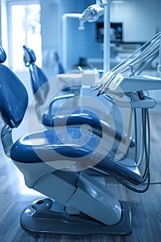 A row of blue dental chairs sitting in a room with white walls, AI