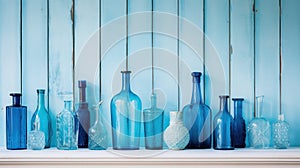A row of blue glass bottles sitting on a shelf, AI