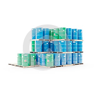 Row of blue and green barrels arranged in a vertical stack against a white background, 3D rendered