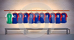 Row of Blue and Green Football Shirts 1-11