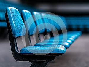 A row of blue seats in an empty stadium